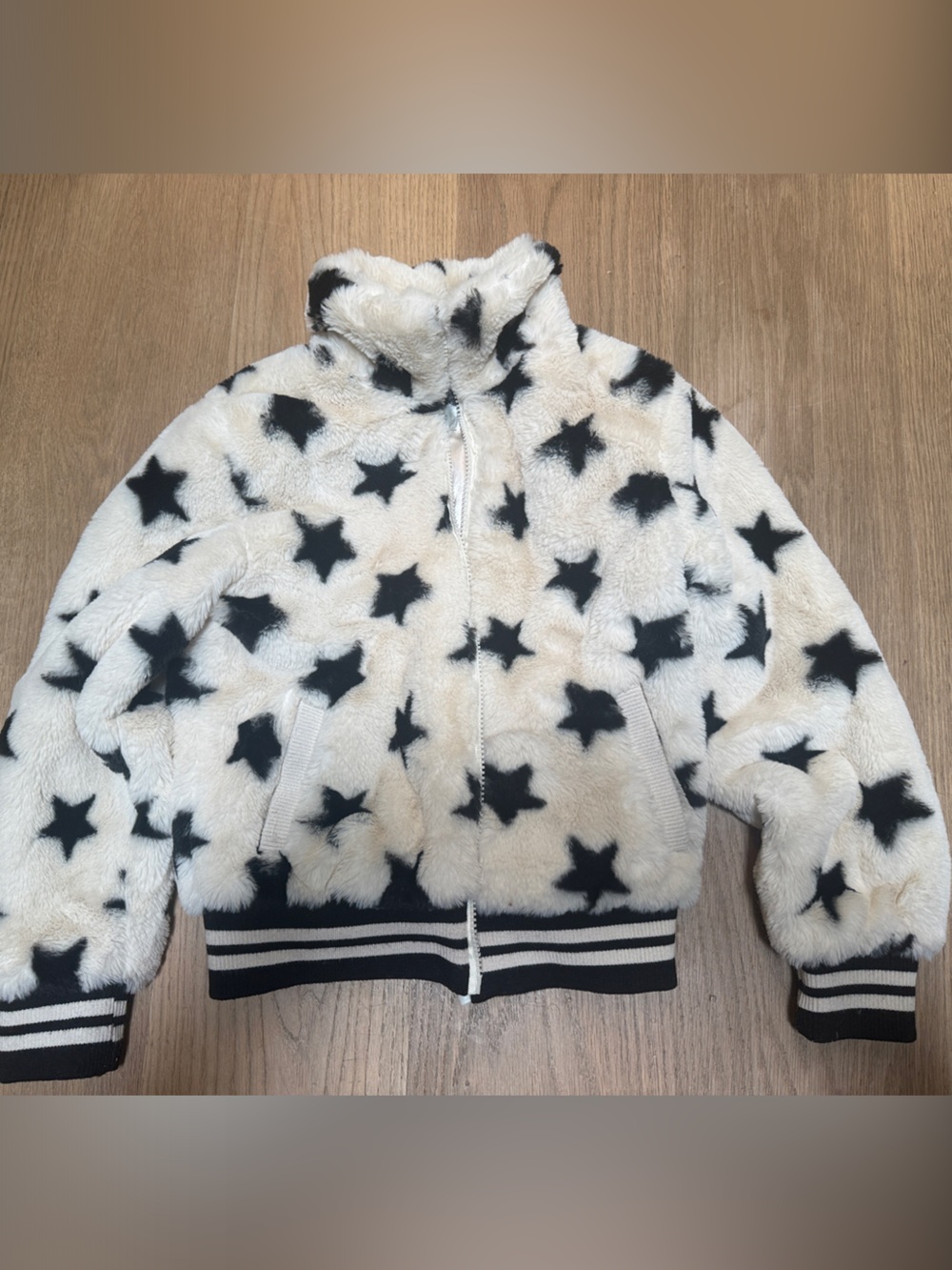 Urban Republic Cream and Black Star Faux Fur Bomber Jacket
